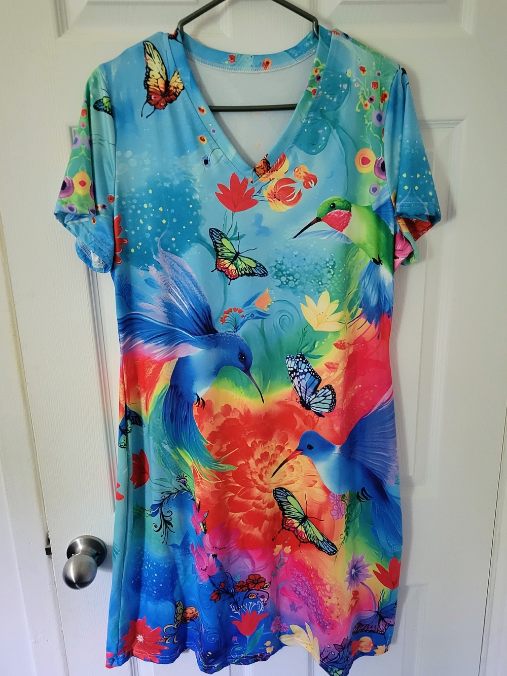SHEIN NWOT Blue Multicolor Hummingbird & Butterfly V‑Neck Dress